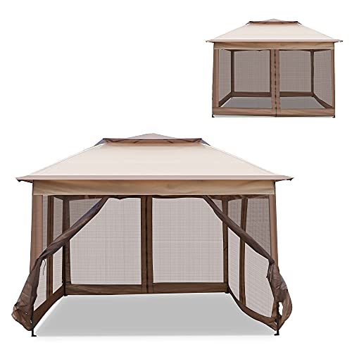 DC DICLASSE Gazebo with Mosquito Netting - 10 x 10 Outdoor Canopy with Powder-Coated Steel Frame, Screened Tent, Brown