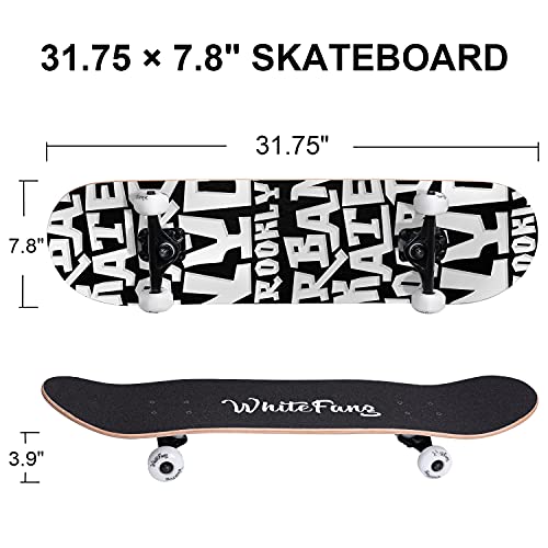Image of WhiteFang Skateboards for Beginners, Complete Skateboard 31 x 7.88, 7 Layer Canadian Maple Double Kick Concave Standard and Tricks Skateboards for Kids and Beginners