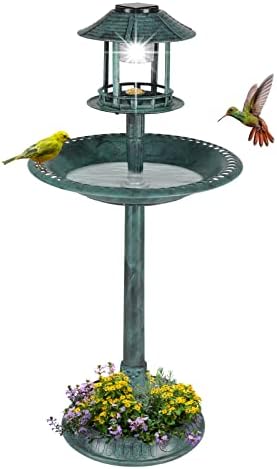 Outvita Outdoor Bird Bath, Garden Bird Baths Decorations with Solar-Powered Lamp and Resin Pedestal Flower Planter Base Bird Feeder for Yard Patio