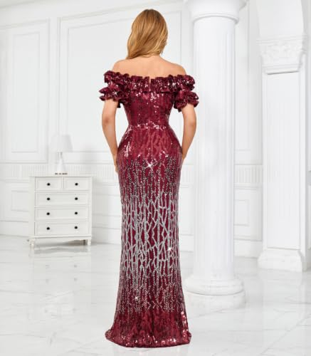 Image of dasmzper Women Sexy Sequin Off Shoulder Ruffle Short Sleeve Bodycon Mermaid Party Formal Evening Maxi Dress
