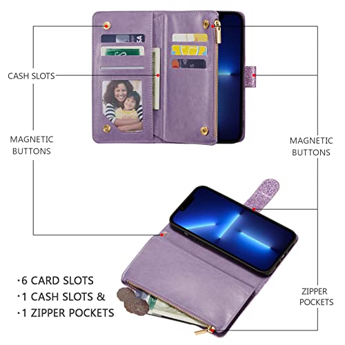 UEEBAI Wallet Case for iPhone 15 Plus 6.7 inch, High-End PU Magnetic Handbag Zipper Pocket Case Kickstand Card Holder Slots Wrist Strap TPU Shockproof Rose Flip Cover for Women - Bling Purple