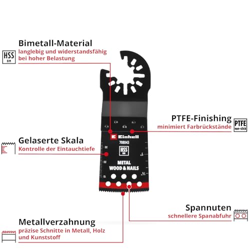 Original Einhell Tauchsägeblatt aus Bi-Metall für Metall- und Holzbearbeitung (34 mm Breite, 40 mm Eintauchtiefe, PTFE-Finishing, Metallverzahnung, gekrümmte Schneide, Schnellwechselfunktion)