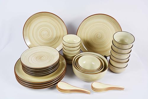 Image of Ceramic Dinner Set of 34 Pieces- English Offwhite Seasoned | Pottery Crockery Set| Bone Ash Free,Food Grade,Chipproof Handpainted Stoneware Ceramic Set