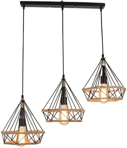 ASerZenith Simple Birdcage Pendant Light Industrial V-Intage Cage Chandelier E27 Buld Modern Hemp Rope Hanging Lamp,Onecolor-3-Light Long