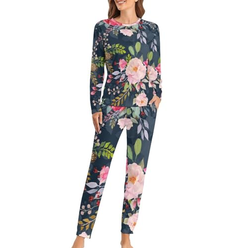 Pyjama femme roses en aquarelle contre les nuits fraîches t-shirt manches longues confortable