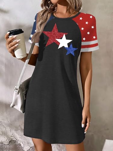 Image of YI XIANG RAN 4th of July Dress Women: American Flag Dresses USA Stars Stripes Shirt Patriotic Tshirt Summer Sundress