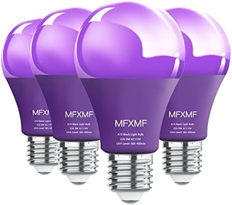 mfxmf A19 LED Black Light Bulbs 4 Pack,10W (100W Equivalent) E26 Base 110V Blacklight, UVA Level 385-400nm, Glow in The Dark for Blacklights Party,Fluorescent Poster, Body Paint,Neon Glow