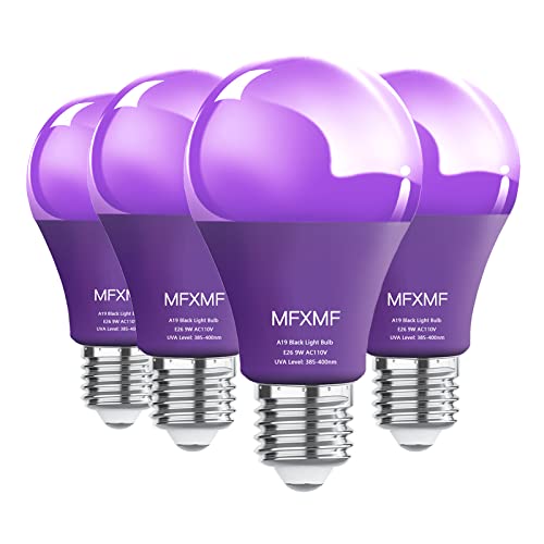 Mfxmf A19 Led Black Light Bulbs 4 Pack,10W (100W Equivalent) E26 Base 110V Blacklight, Uva Level 385-400Nm, Glow In The Dark For Blacklights Party,Fluorescent Poster, Body Paint,Neon Glow #TOP2