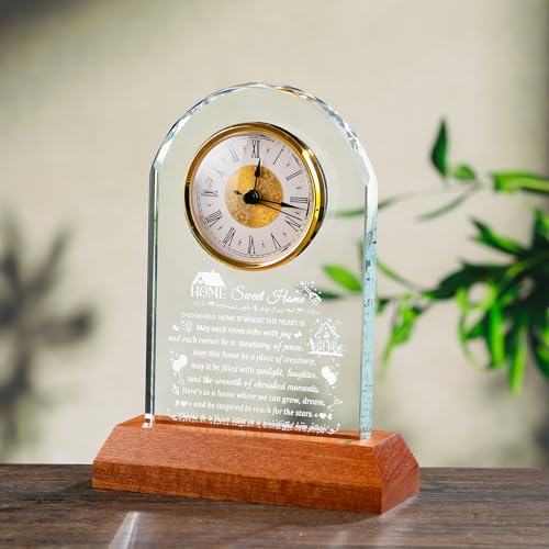Image of Arikyrist House Warming Gifts Glass Clock with Wooden LED Light Base for Women Men Unique New Home Gift Ideas Crystal House Warming Gifts for Couples Family Home Blessing Keepsakes Tabletop Decor