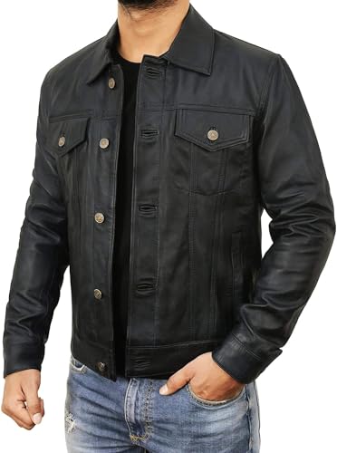 Image of Leather Trucker Jacket Men - Real Lambskin Shirt Style Vintage Fashion Mens Leather Jacket