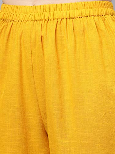 Image of idaLia Mustard Straight Cotton Solid Kurta Set for Women Stylish Boat Neck Design Kurta Set with Pant
