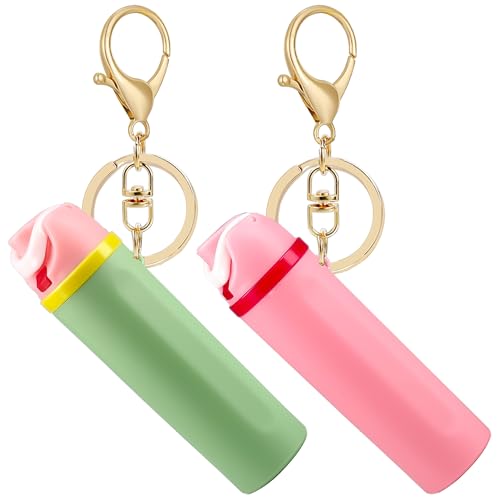 ERTUNA Mini Trendy Bottle Keychain Accessories Compatible with Owala Water Bottle, Cute Tumbler Cup Chapstick Lip Balm Holder Charms for Purse Handbag - Green+Pink