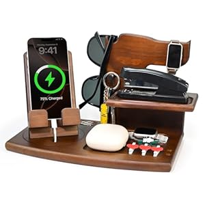 Wooden Bedside Organiser for Men, Desk Organizer Gifts for Him, Upgraded Rotatable Wood Phone Docking Station and Nightstand Dock for Keys, Wallet, Phone, Glasses, Gifts for Men Dad Husband Christmas