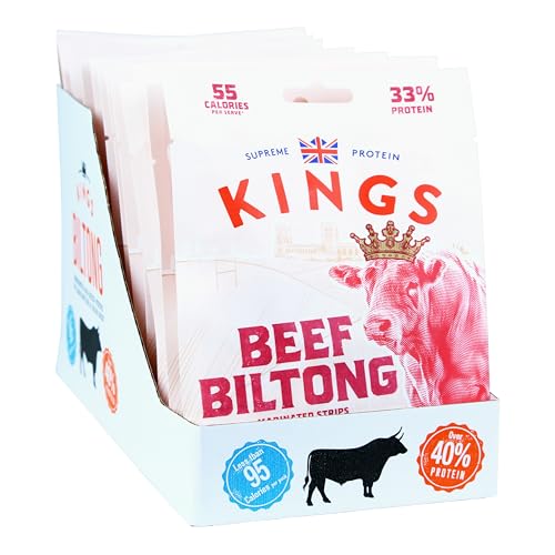Kings - Beef Biltong - Rib Eye Flavour - High Protein Snacks Marinated and Cooked Meat - Bulk Box of 12 x 25 g Packs