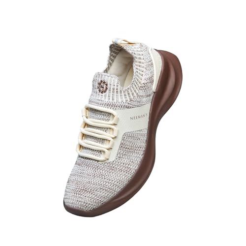 Neeman's Fuse Knit Sneaker for Men Breathable Mesh & Cushioned Comfort Eva Sole | Ivory/Brown UK6