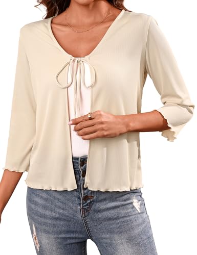 Aiboria Women's Tie Front Cardigan 2026 Lightweight Summer Tops 3/4 Sleeve Ribbed Bolero Shrug S-XXL