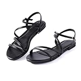 YANWENFANG Women Flat Sandals Strappy Black Size 8 Dressy Summer Cute Walking Comfort Leather Beach Ladies Vacation Boho Fashion Slides