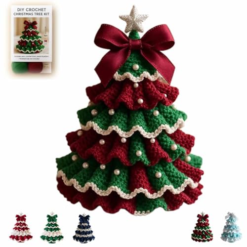 DIY Crochet Christmas Tree Kit – Handmade Holiday Decoration Set, Christmas Tree Crochet Craft Kit Ornament with Yarn, Hook,Pearls, Ribbon,Pattern,for Beginner Handicraft Enthusiasts (C Type)