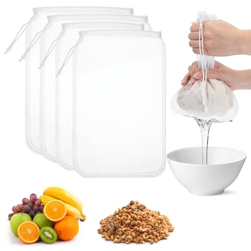 4 Stück Nussmilchbeutel 2 Größen Wiederverwendbar Passiertuch Nylon Feinmaschiges Abseihtuch mit Kordelzug Passiertücher Filter für Nussmilch Käse Kaffee Joghurt Fruchtsaft Gemüsesaft