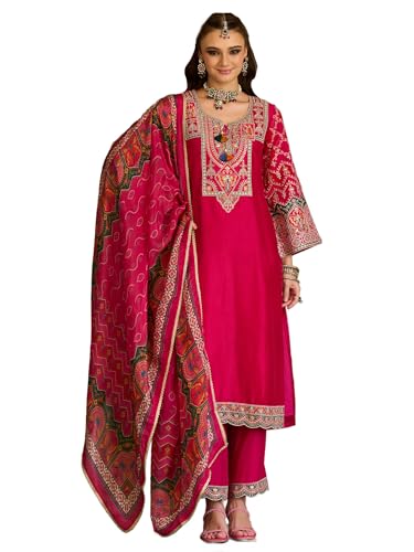 Image of INDO ERA Women's Silk Blend Ethnic Motifs Embroidered Straight Kurta & Pant with Dupatta Set (IEOUT12101)