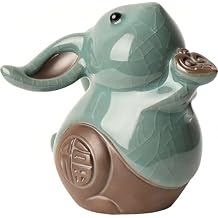 Celadon Rabbit Zodiac Tea Pet Antique Style Chinese Zodiac Tea Ceremony Accessory with Cracked Glaze, Lucky Fu Symbol & Gold Accents Feng Shui Gift for Collectors