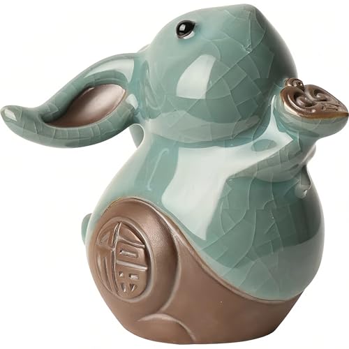 Chiorgone Celadon Rabbit Zodiac Tea Pet – Antique Style Chinese Zodiac Tea Ceremony Accessory with Cracked Glaze, Lucky Fu Symbol & Gold Accents (Feng Shui Gift for Collectors)