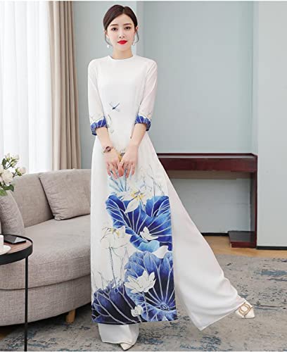 Chinese Style Two Piece Set Women Long Tops Pant Suits Pink White Slim Casual Vintage Harajuku Ao Dai Vietnam 2022 Printed (White,XL,Alpha)2