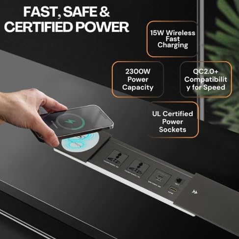 Image of COOLCOLD in-Desk Sliding Power Socket with 15W Wireless Charger Compatible with All Qi Enabled Device, 2 Power Outlets 10Amp, USB Charger A+C 5V 2.1A, HDMI & LAN Ports | Hidden Pop-Up Table Module