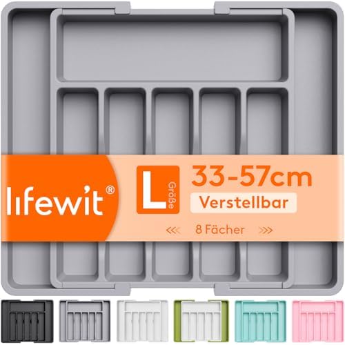 Lifewit Besteckkasten für Schubladen, 6-8 Fächer verstellbarer Organizer | Kunststoff Besteckeinsatz Küche, Tiefe 38 cm, Breite erweiterbar bis 57 cm, für Löffel, Gabeln und Geschi