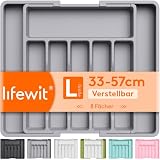 Lifewit Besteckkasten für Schubladen 40 50, verstellbarer Kunststoff Organizer Küche Tiefe 38 cm, Besteckeinsatz 6-8 Fächer, erweiterbar bis 57 cm, für Löffel, Gabeln und Geschirr, Grau