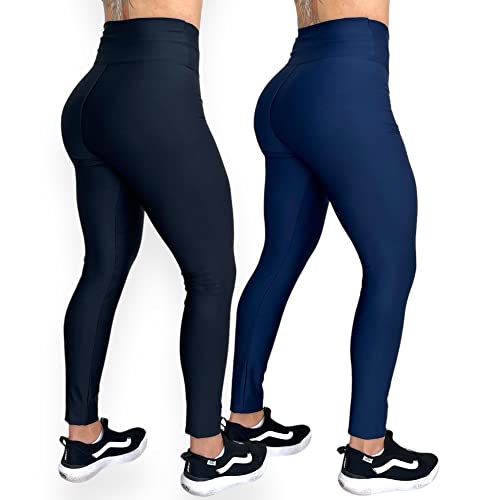 Kit 2 Leggings Femininas Cintura Alta, Calça Legging, Básica, Marinho, Preta, Fitness, Academia, Cor
