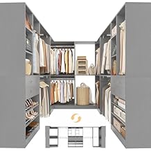 Besiost Closet System with 4 Drawers & Corner Tower, Closet Organizer System with 10 Hanging Robs, Reversible U Shaped Walk-in Closet System, Load 3600+LBS Capacity, Set of 4, Morandi Grey