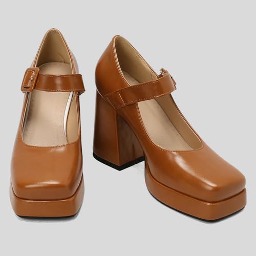 LUXMAX Women Square Toe Mary Janes Platform Chunky High Heels Pumps Ankle Strap Patent Leather Block Heel Buckle Pumps4