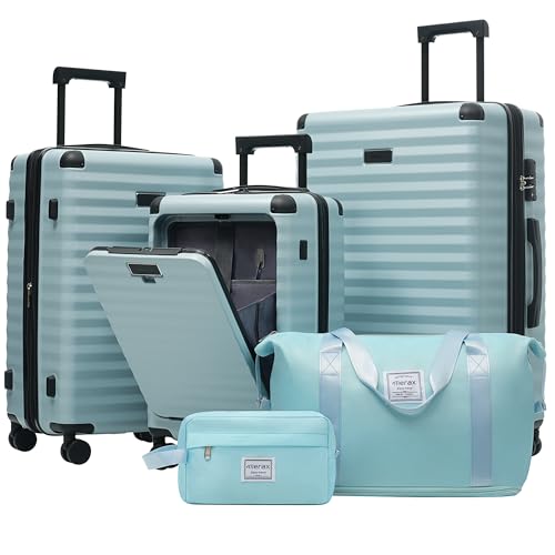 Sets 5 Piece,front Open Hardshell Expandable Suitcase With Spinner Wheels And Duffel Bags,lightweight Carry On Luggage With Usb Port And Cup Holder,20/24/28in,light Blue