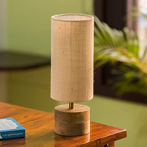 Image of ExclusiveLane 'Volta' Mango Wooden Table Lamp for Bedroom (14 Inch, Linen & Wood, Without Bulb, Pack of 1) | CFL /LED Table Lamp for Living Room Decoration Bedside Lamp Bedside Table Lamps for Bedroom