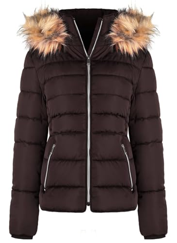 BodiLove Women's Puffer Jacket with Removable Faux Fur Hood and Zipper Brown S3