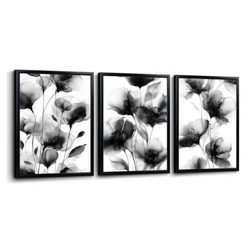 sechars Grey Flower Wall Art Modern Gray and White Bathroom Decor Abstract Floral Canvas Paintings (Grey)