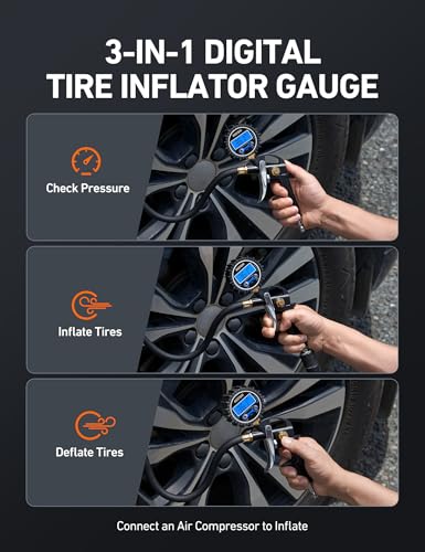 Image of AstroAI Digital Tire Pressure Gauge with Inflator, 3-250PSI Air Compressor Accessories with Heavy Duty Air Chuck Quick Connect Coupler, Fits 1 /4 inch NPT - for Car Truck SUV RV, 1 Pack Compact