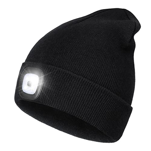 Wmcaps Mütze mit Licht LED, Wiederaufladbare USB Strickmütze mit Licht, Winter Warme Mütze Kappe, Scheinwerferkappe zum Camping, Joggen und Geschenke für Männer Frauen (Schwarz)