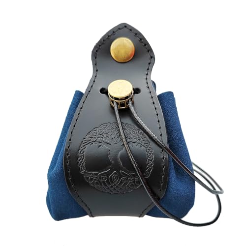 Image of Black & Blue Celtic Tree DND Gifts Dice Bag - Tray with Drawstring & Button Genuine Leather Dice Pouch Storage Bag for d&d Dices Jewelry Coin & Small Accessories