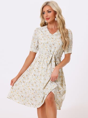 Image of Allegra K Women's Vintage Peter Pan Collar High Waist Flowy Midi Puff Sleeve Floral Dress