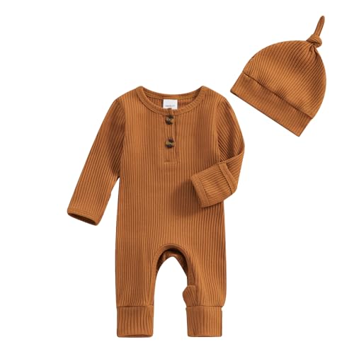 Image of Twopumpkin Newborn Outfits - Baby Boy Girl Knit Jumpsuit & Romper - Ribbed Coming Home Outfit - Infant Clothes with Hat (Cute Ribbed Brown)