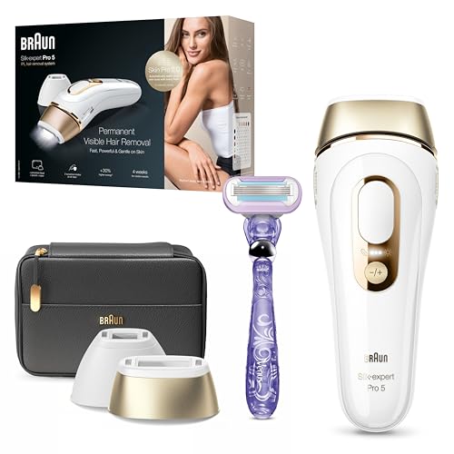 Braun Silk·expert Pro 5, At-Home Laser, IPL Hair Removal Device, Permanent Visible Hair Removal, 1 Standard & 1 Precision Head & Venus Razor, Gift for Women, PL5147, White/Gold