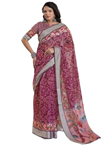 Image of Satrani Women's Linen Printed & Embroidery Ready To Wear Saree with Unstitched Blouse Piece