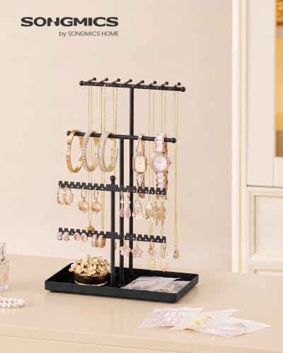 SONGMICS Jewelry Organizer Stand, Steel and Plush Fabric 3-Tier Necklace Holder, 7.1 x 4.3 x 11.6 Inch, with 10 Storage Bags for Rings and Earrings, Ink Black, CAELEY Collection UJJS036B101 - Image 2