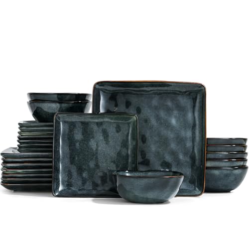 Image of Famiware Dinnerware Sets for 8, Ocean Square 24-Piece Kitchen Plates and Bowls Sets, Microwave and Dishwasher Safe, Scratch Resistant, Deep Forest