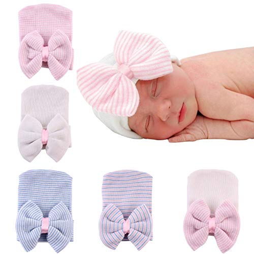 Upeilxd Newborn Hospital Hat Infant Baby Hat Caps with Bow Soft Cute Nursery Beanie Hat (5 Pack Bow/0-6 Month)