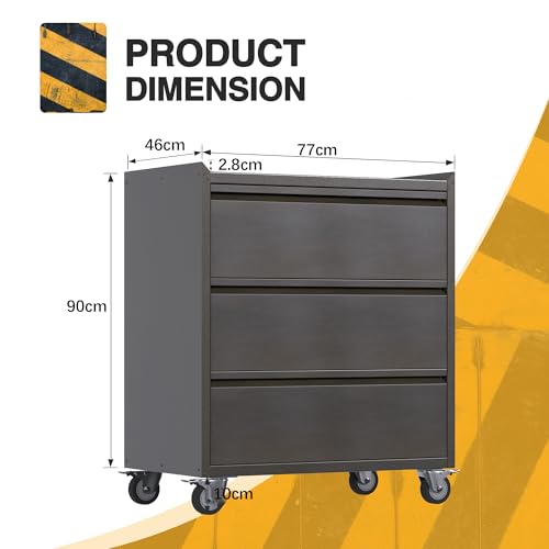 SUPEER Werkzeugschrank mit 3 Schubladen,Werkstattwagen Garagenschrank mit Rädern, Metallschrank ideal für Werkzeuge und Zubehör