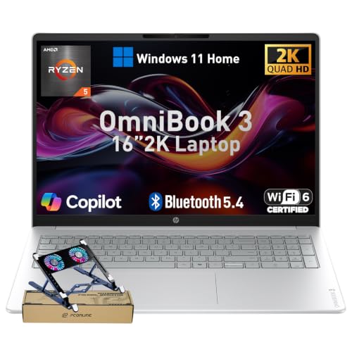 Image of HP OmniBook 3 16 inch 2K IPS Touchscreen Laptop, AMD Ryzen 5 CPU, 1TB Storage | AMD Radeon 610M Graphics, Microsoft Copilot Key, Advanced AI Noise Reduction, Win11 Home, Glacier Silver, w / Laptop Cooler