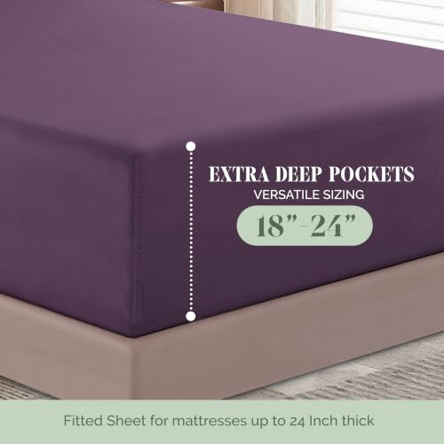 Image of Elegant Comfort Luxury 1500 Premium Hotel Quality Microfiber 4-Piece Sheet Set - Soft, All Around Elastic 18-24 Inches Deep Fitted Sheet - Extra Deep Pocket Sheets, Twin /Twin XL, Eggplant-Purple